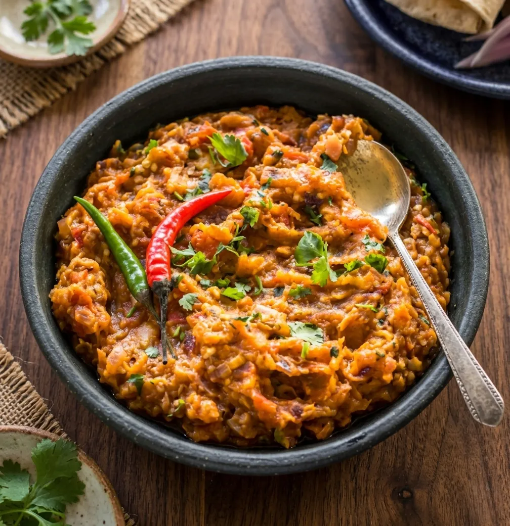Baigan Ka Bharta — fire-roasted smoked eggplant Indian dish in Canmore, AB
